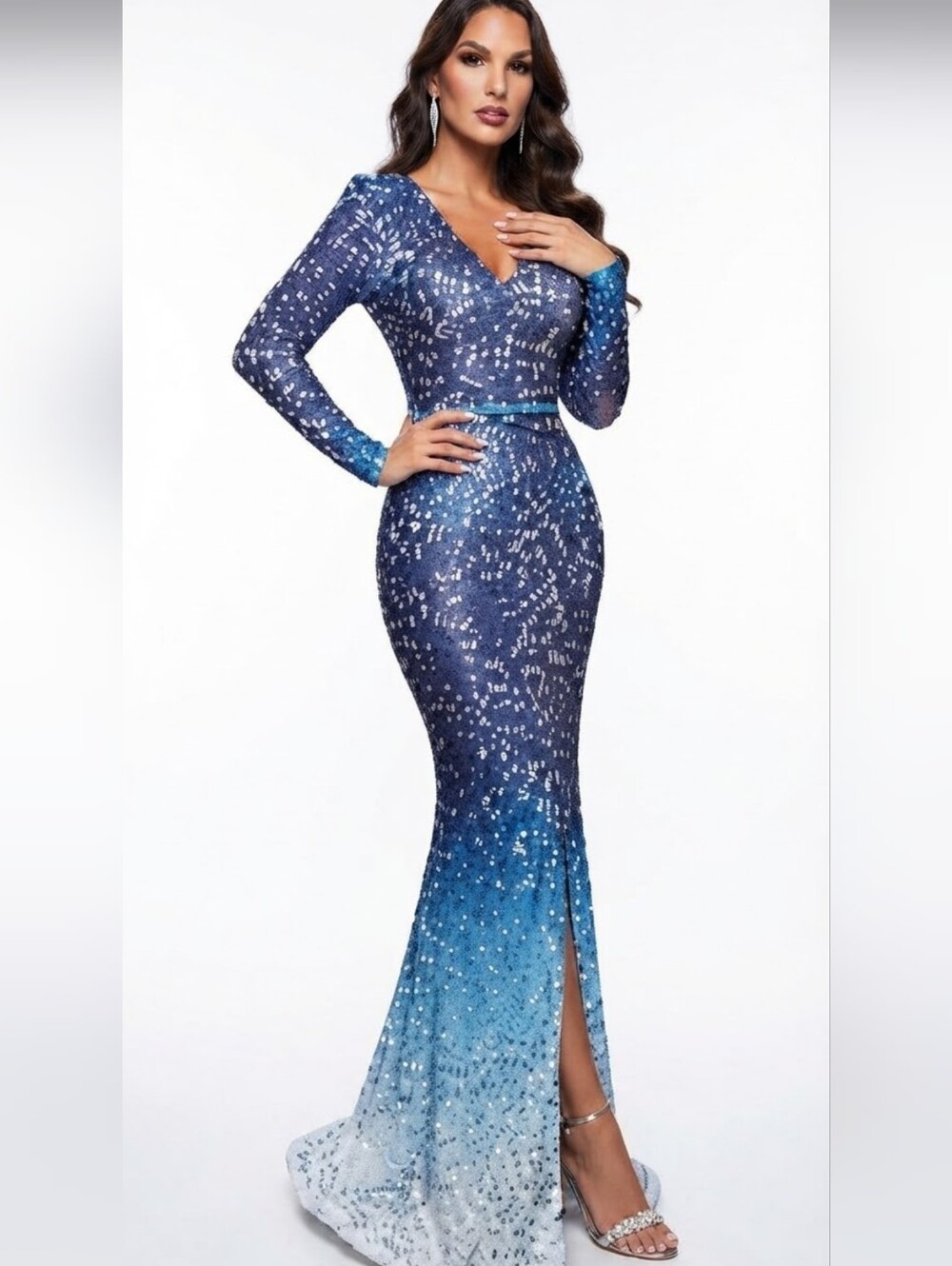 Blue, Tie Dye, Gradient Print, Long Sleeved, V Neck, Contrast Sequined Gown